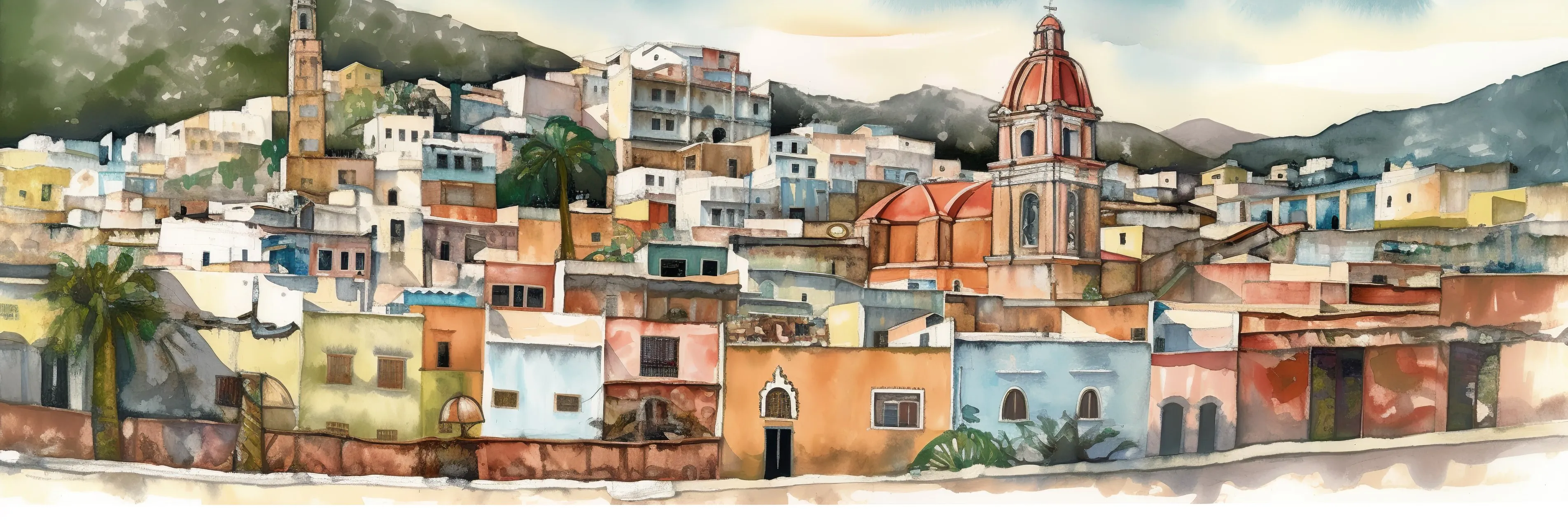 A water color style painting of a traditional mexican village 