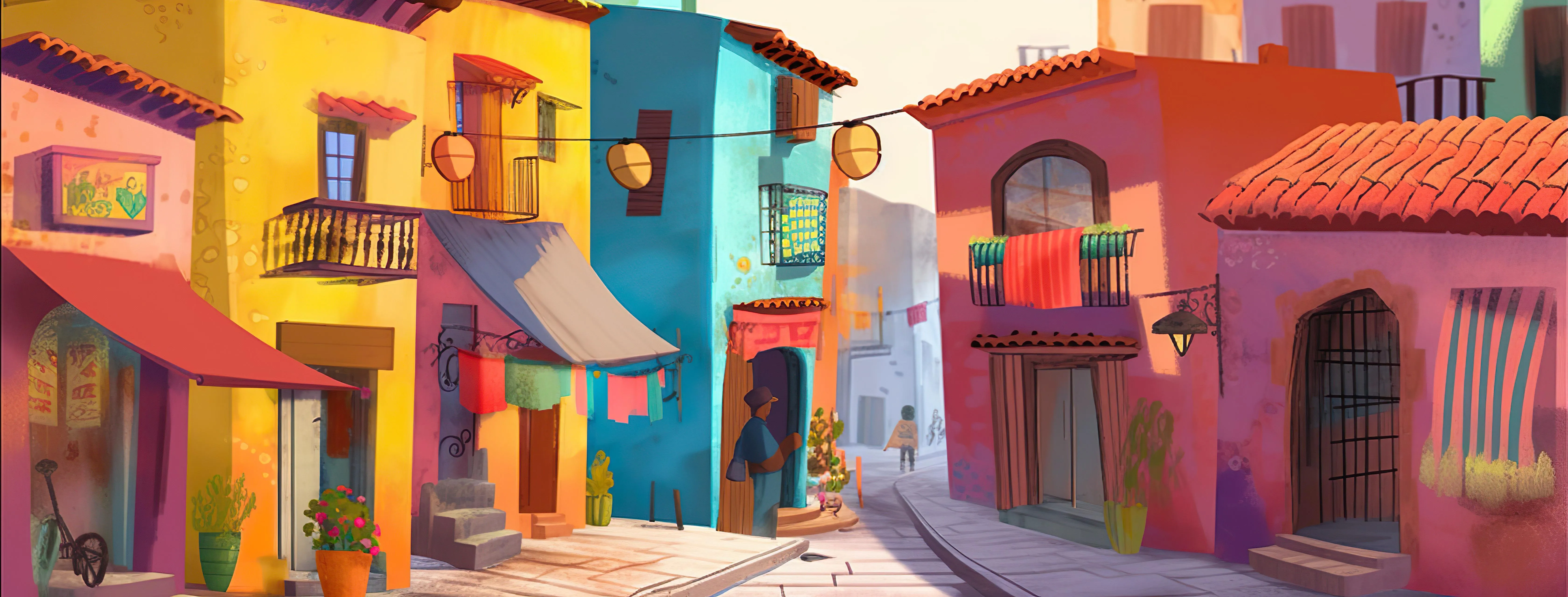 A colorful painting of a traditional mexican village 